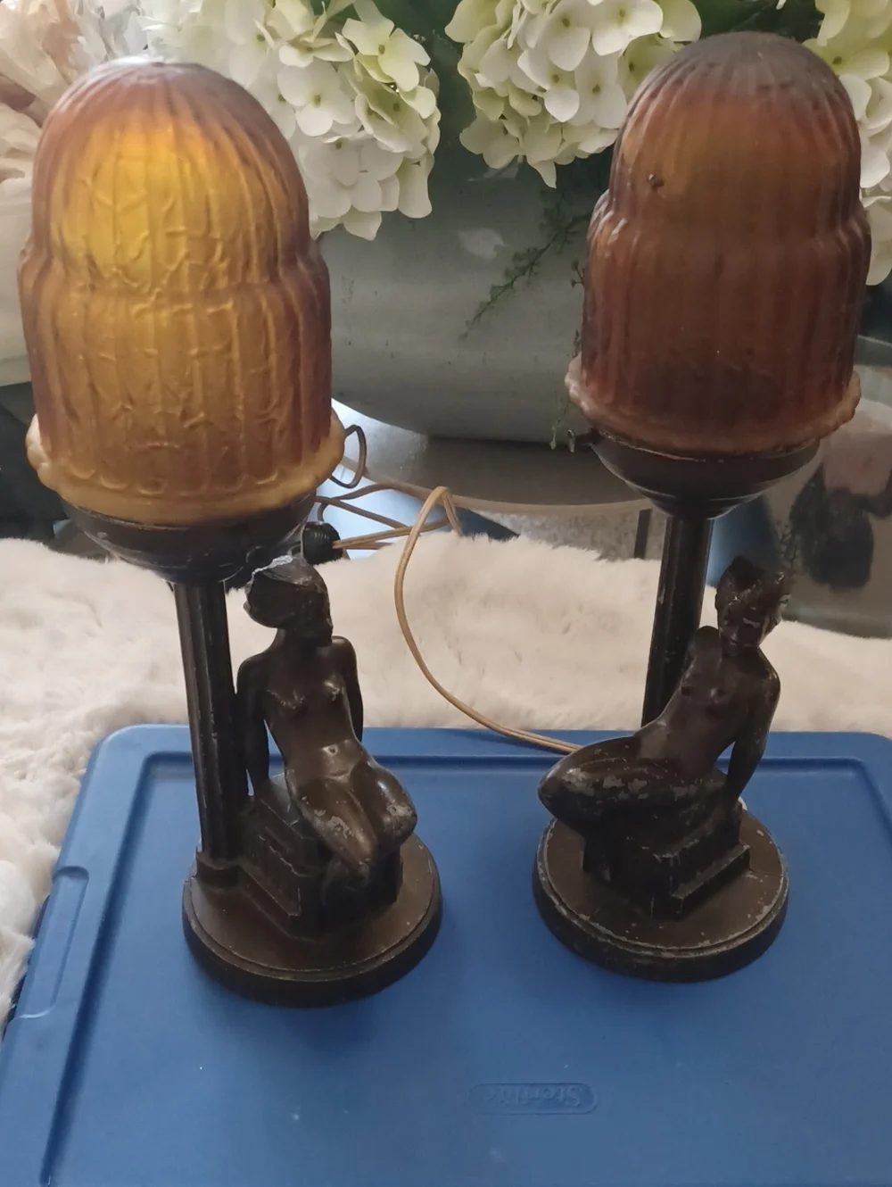 Vintage Bronze Figurine Table Lamps with Amber Glass Shades, Lamps Do Not Work.